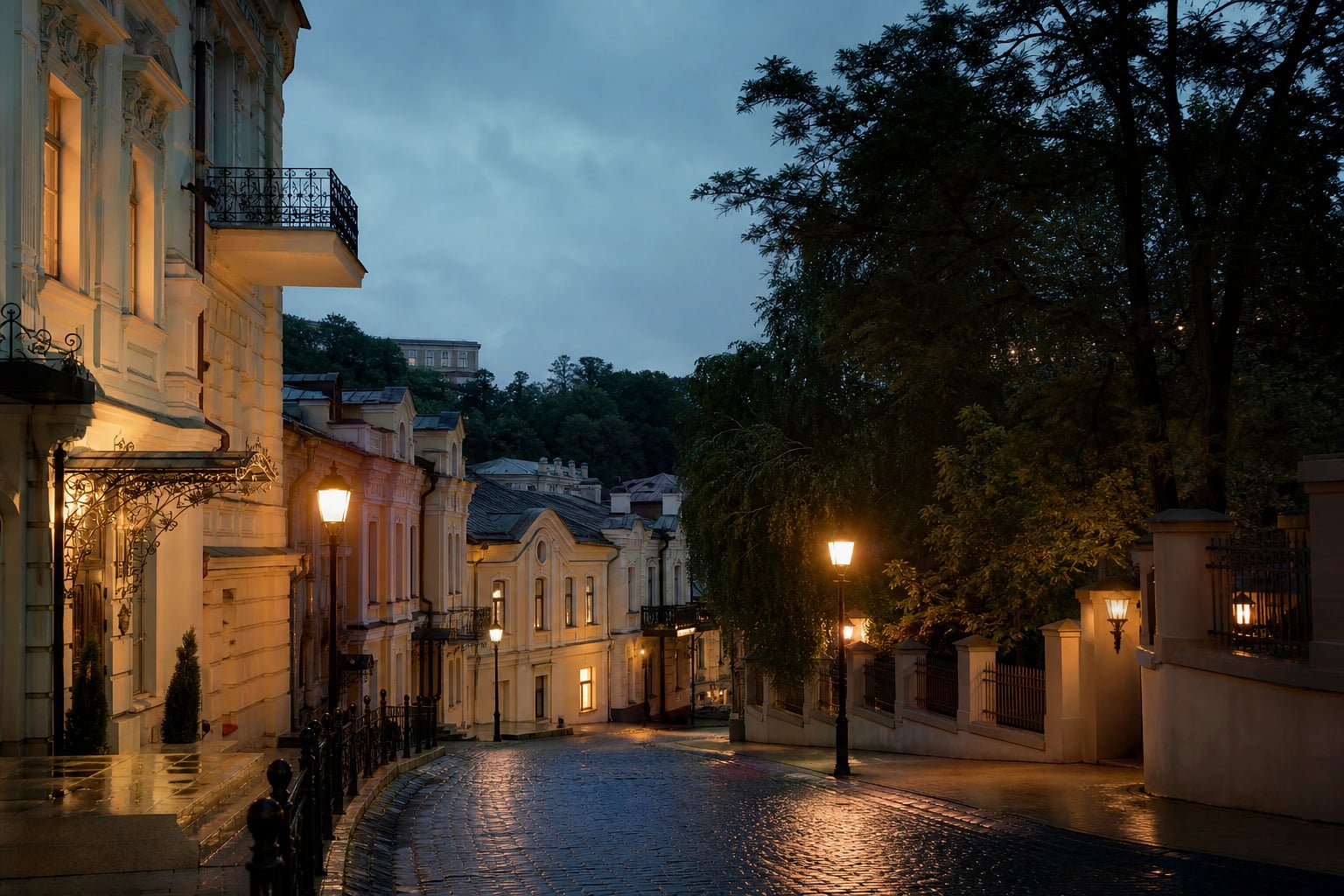 Вечірня вулиця Києва з класичними фасадами й теплим світлом вікон