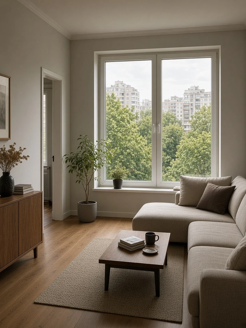 Вітальня Central Park Residence з вікнами на паркову зелень